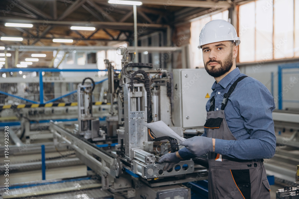 Fototapeta premium Factory worker checking aluminum and pvc windows and doors production line