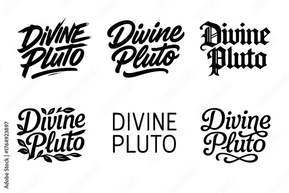 Fototapeta premium Divine Pluto Lettering Styles. Divine Pluto. Set lettering. harmonious lettering variations of the same emblematic concept (Dynamic brushstroke graffiti