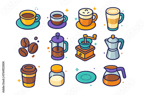 Coffee Culture Icons. Coffee culture. Colorful isometric vector icons set of coffee culture: coffee cup, espresso, cappuccino, latte, coffee beans, French