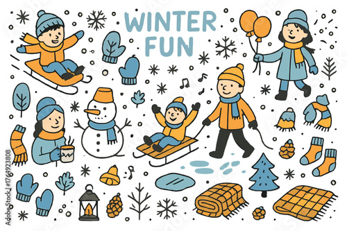 Winter Wonderland Doodles. Winter fun. Hand-drawn doodle illustration children (colored), adults (colored), sleigh (colored), snow (colored), snowflakes