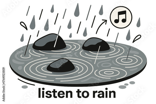 Rhythmic Rain Ripples. Pebble ? Rain Pattern. Ripples overlap across a flat stone surface; droplets fall in calm rhythm. Caption ?listen to rain?. Modern flat