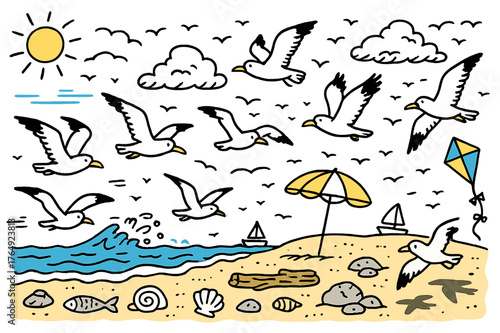 Seaside Doodle Scene. Flying seabirds. Hand-drawn doodle illustration seagulls (colored), wings spread (colored), sky (colored), clouds (colored),