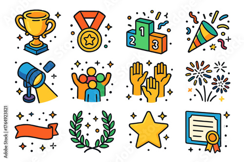 Glory Icons Collection. Moment of glory. Colorful isometric vector icons set of moment of glory: trophy, medal, podium, confetti, spotlight, cheering crowd,