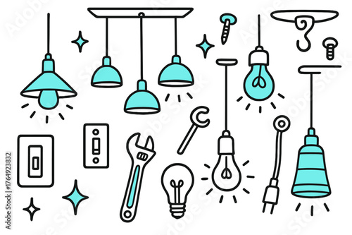 Pendant Lights Doodle. // Pendant lights. Hand-drawn doodle illustration Pendant lights [hanging lamp (accented), trio pendants (accented), bulb shapes