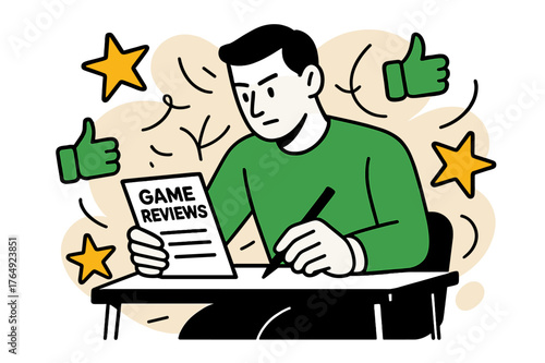 Game Review Insights. Game Reviews. Reviewer at a desk writing a game critique with floating abstract stars and thumbs-up icons, focused and analytical mood.