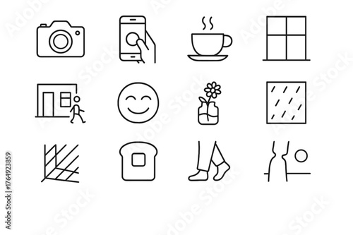 Everyday Life Icon Set. Photography Capturing the Beauty of Everyday Moments. Line icon set of Photography Capturing the Beauty of Everyday Moments: camera,