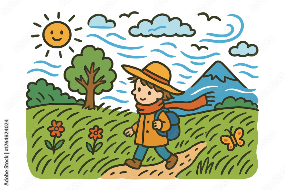 Naklejka premium Windy Meadow Adventure. windy meadow. Colorful Hand-drawn doodle Children illustration windy meadow person, tall grass, wind, mountain, clouds, sun, birds,