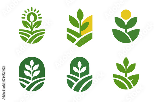 Sustainable Farm Logo Set. Agricultural innovation and food security. Set Logo of sustainable farm ecosystem: harmonious logo variations of the same emblematic