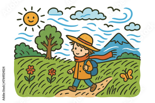 Windy Meadow Adventure. windy meadow. Colorful Hand-drawn doodle Children illustration windy meadow person, tall grass, wind, mountain, clouds, sun, birds,