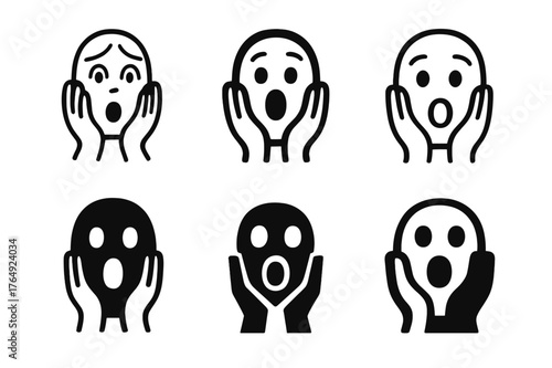 Frightened Expression Logos. Frightened expression. Set Logo of Frightened expression: hands-on-cheeks gasp. harmonious logo variations of the same emblematic
