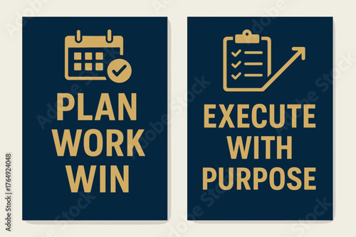 Plan Work Win Banners. Plan work win. Two vertical A6 banners with safe margins, centered composition, no elements touching edges, bold, navy and gold, objects