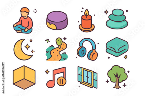 Silent Reflection Icons. Silent reflection. Colorful isometric vector icons set of silent reflection: sitting person, meditation cushion, candle, zen stones,