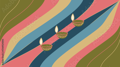 Three diyas aligned diagonally over colorful wavy stripes in an abstract artistic representation