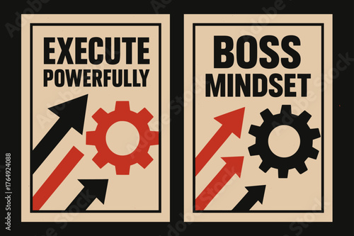 Brutalist Banner Design. Execute powerfully. Two vertical A6 banners with safe margins, centered composition, no elements touching edges, brutalist, black and