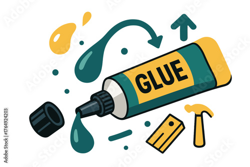 Dynamic Glue Application. Glue tube. Tube of glue with cap removed and abstract floating drops and arrows highlighting application, adhesive flow, and DIY
