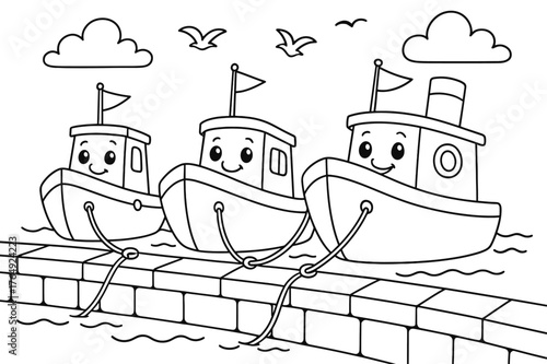 Colorful Cartoon Boats. Boats at the quay children?s coloring book illustration, outlined drawing, friendly cartoon boats tied to a stone embankment with flags