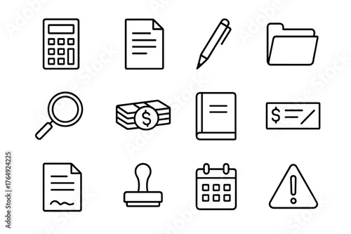 Financial Icon Set. Financial review. Line icon set of financial review: calculator, document, pen, folder, magnifying glass, money stack, ledger, check,