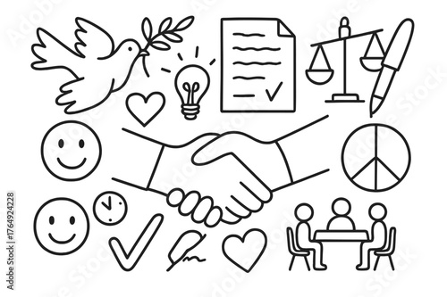 Symbols of Peace. Peaceful agreement. Hand-drawn doodle illustration peaceful agreement handshake, dove, olive branch, signed document, smiling faces, scales,