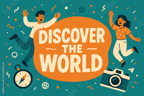Explore the World. Discover the world banner, flat vector illustration, bold oversized text inside rounded blob, cartoon characters jumping and waving, compass