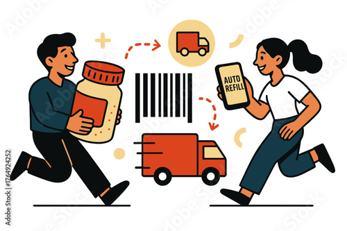 Smart Pharmacy Tech. Healthcare Tech ? Smart Pharmacy. Pill bottle transforms into barcode and delivery icon; dotted arrows connect to a phone app labeled