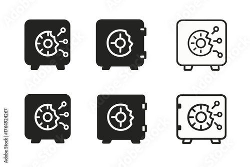 Cybersecurity Logo Variations. Cyber loss risk. Set Logo of Cyber loss risk: data vault with breach. harmonious logo variations of the same emblematic concept,