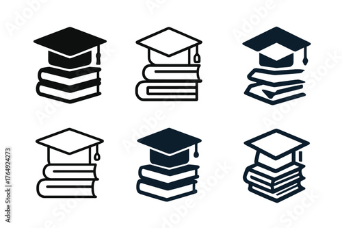 Books and Graduation. Books and Reading. Set Logo of Books and Reading: a graduation cap atop a stack of textbooks. harmonious logo variations of the same