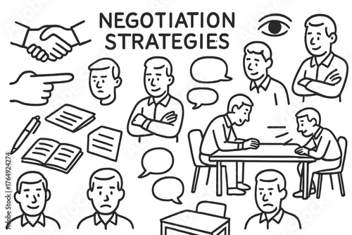 Negotiation Doodle Icons. Negotiation Strategies. Hand-drawn doodle illustration Negotiation Strategies handshake, pointing finger, crossed arms, nodding, eye