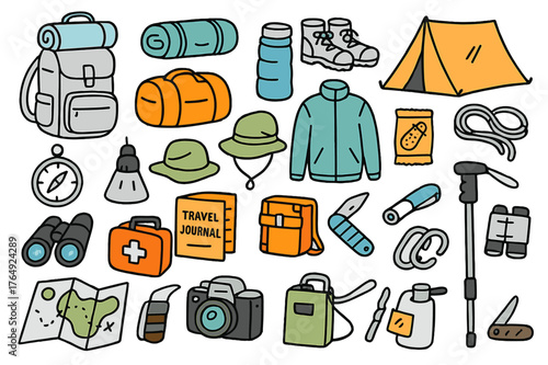 Outdoor Adventure Essentials. Pack. Hand-drawn doodle illustration backpack (colored), duffel bag (colored), sleeping bag (colored), water bottle (colored),