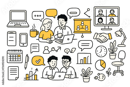 Teamwork Essentials Illustrated. Team collaboration. Hand-drawn doodle illustration team members at desk (colored), remote workers on video call (colored),