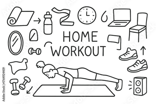 Home Workout Doodle. Home workout. Hand-drawn doodle illustration home workout yoga mat, water bottle, dumbbells, push-up pose, resistance band, chair, laptop,