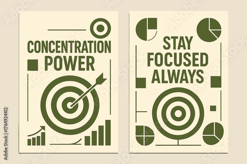 Concentration Banners. Concentration power. Two vertical A6 banners with safe margins, centered composition, no elements touching edges, geometric, olive green