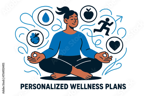 Holistic Wellness Meditation. Personalized wellness plans. Person meditating with floating icons representing water, nutrition, exercise, and heart; abstract