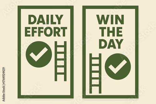 Daily Motivation Banners. Daily effort. Two vertical A6 banners with safe margins, centered composition, no elements touching edges, geometric, olive green and