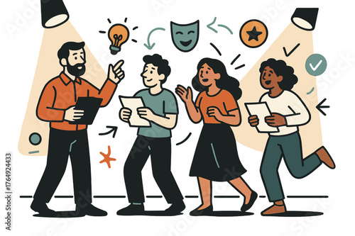 Creative Theater Collaboration. Theater production. Director and actors reviewing scripts on stage with abstract floating icons and spotlight