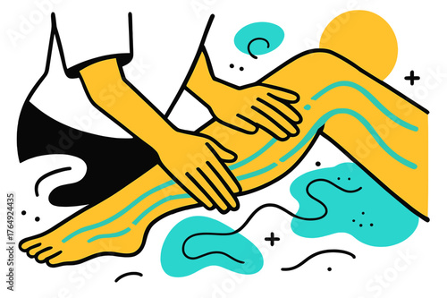 Lymphatic Massage Illustration. Lymphatic Drainage. Close-up of hands performing lymphatic massage on legs with floating abstract geometric flow lines, calm