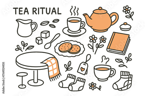 Cozy Tea Time. Tea ritual. Hand-drawn doodle illustration teapot (colored), teacup (colored), steaming tea (colored), saucer (colored), teaspoon (colored),