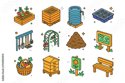 Urban Garden Icons. Urban community gardens. Colorful isometric vector icons set of Urban community gardens: raised beds, compost bin, rain barrel, seedling