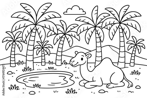Desert Palm Oasis. Palm oasis in the desert children?s coloring book illustration, outlined drawing, palm trees surrounding a small pond with a camel resting