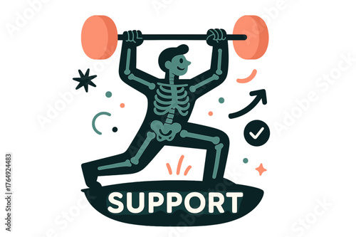 Dynamic Bone Strength. Exercise ? Strong Bones. Figure lifts a clean shape bar above the head; subtle X-ray lines show sturdy structure. Word ?support? glows