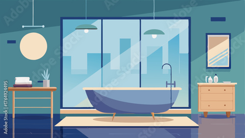 A contemporary bathroom with a freestanding bathtub and glass shower.