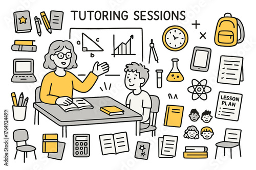 Colorful Tutoring Scene. Tutoring sessions. Hand-drawn doodle illustration teacher (colored), student (colored), desk (colored), books (colored), pencils
