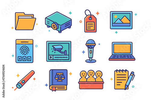 Isometric Courtroom Evidence Icons. Courtroom evidence presentation. Colorful isometric vector icons set of Courtroom evidence presentation: evidence folder,