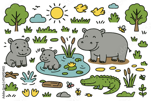 Hippo Family Doodle. Hippo family. Hand-drawn doodle illustration hippopotamus (colored), baby hippo (colored), water pond (colored), riverbank (colored), mud