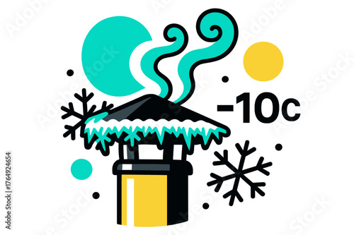 Frosted Flue Abstraction. Frozen Flue Detail. Frost crystals spread along the metal cap while faint steam escapes in a swirling pattern. ?-?C? floats in small