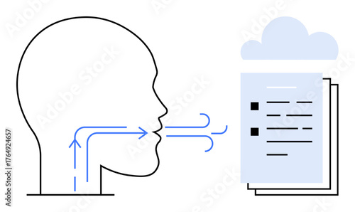 Human silhouette speaking with arrows indicating speech flow toward a document and cloud. Ideal for communication, AI, voice assistant, language understanding, cloud storage, data processing, tech