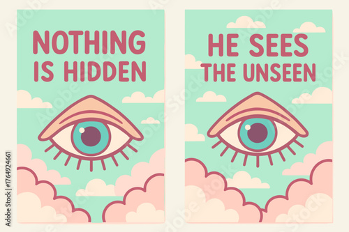 All-Seeing Eye Banners. All-Seeing. Two vertical A6 banners with safe margins, centered composition, no elements touching edges, cartoon, pastel mint and pink,