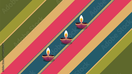 Three lit diyas on diagonal stripes with gold borders in shades of green pink and blue background art