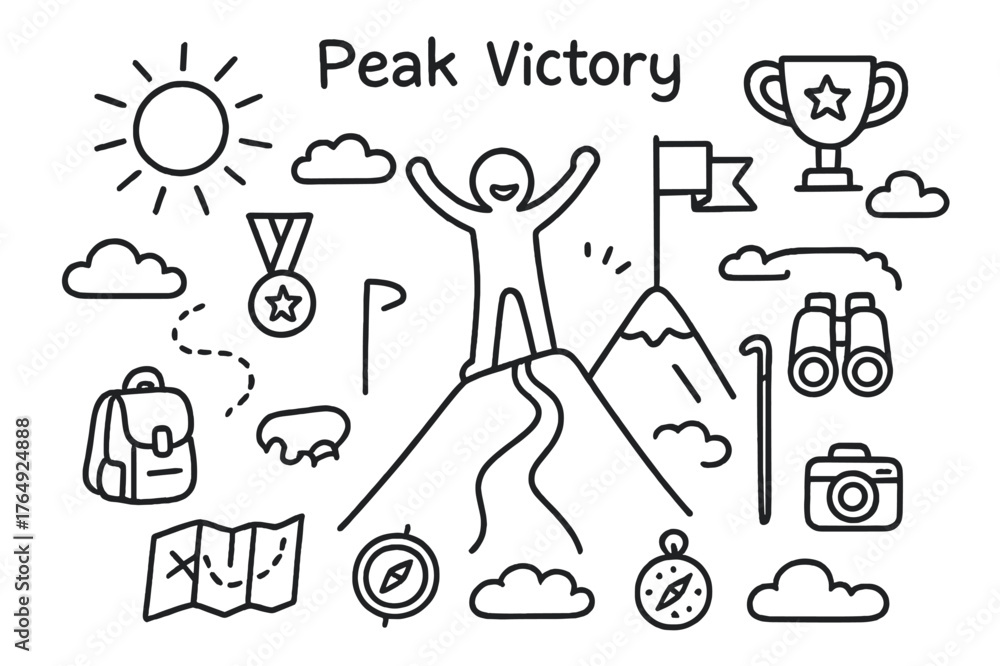 Obraz premium Peak Victory Celebration. Peak Victory. Hand-drawn doodle illustration Peak Victory person standing, arms raised, mountain peak, flag, trophy, medal, sunrise,