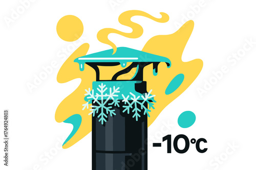 Frosted Flue Abstraction. Frozen Flue Detail. Frost crystals spread along the metal cap while faint steam escapes in a swirling pattern. ?-?C? floats in small