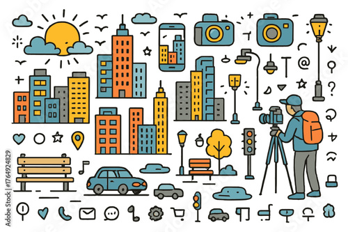 Dusk Cityscape Doodle. Urban dusk photography. Hand-drawn doodle illustration city skyline (colored), setting sun (colored), skyscrapers (colored), street